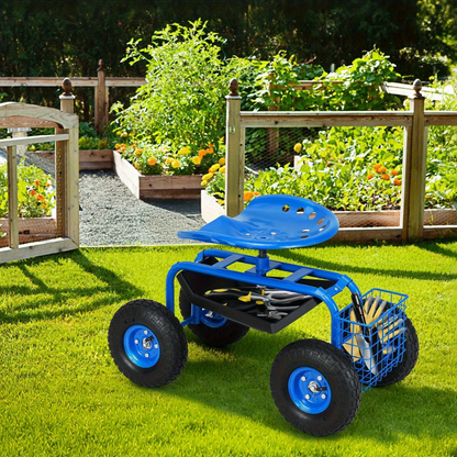 Rolling Garden Cart with Adjustable Swivel Seat, 10" Pneumatic Tires, Storage Basket & Tool Tray