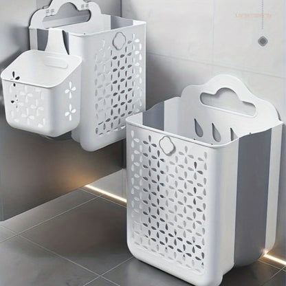 White Wall-Mounted Foldable Laundry Basket with Cutout Panels, Carry Handle and 39 cm Height