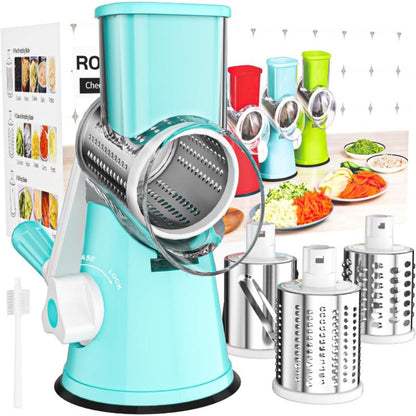 Rotary Cheese Grater with Hand Crank, 3 Interchangeable Blades for Cheese, Vegetables & Nuts, Suction Base