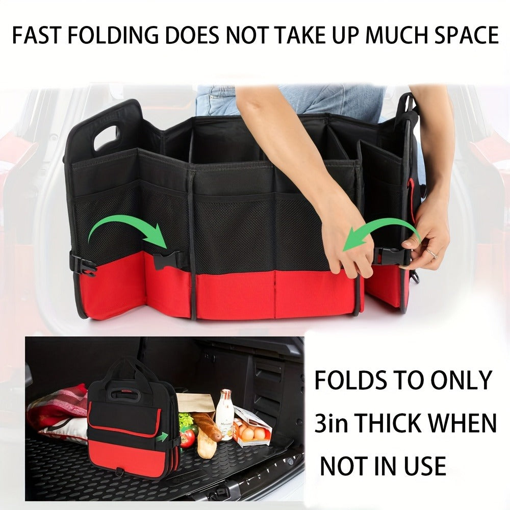 Car Trunk Organizer, 95L Foldable 4-Compartment Bin with Two Retractable Straps and Divider Set