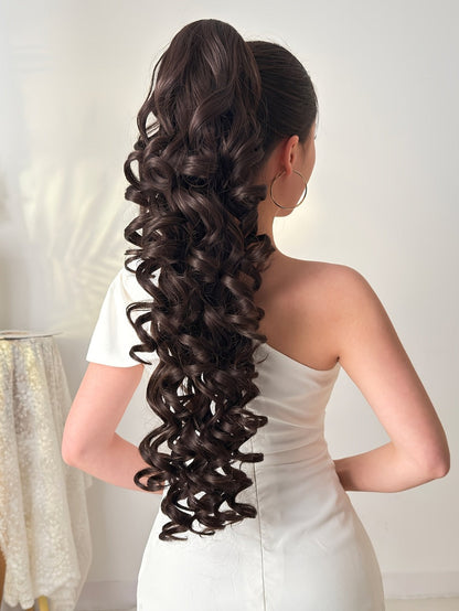 Curly Ponytail Extension 28 Inch Long Heat Resistant Synthetic Clip In Wrap Around Hairpiece Voluminous Bouncy Curls 4 Styles for Women