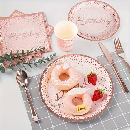 Birthday Party Plates and Napkins Set 175pcs Pink Rose Gold Disposable Tableware Forks Knives for Entryways, Bedrooms and Living Spaces