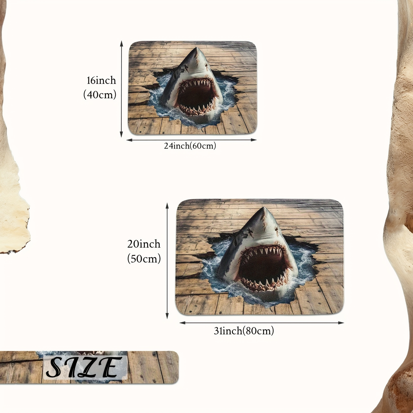 Shark Ocean Print Door Mat with Weathered Wood-Look Background in 40 x 60cm or 50 x 80cm Sizes