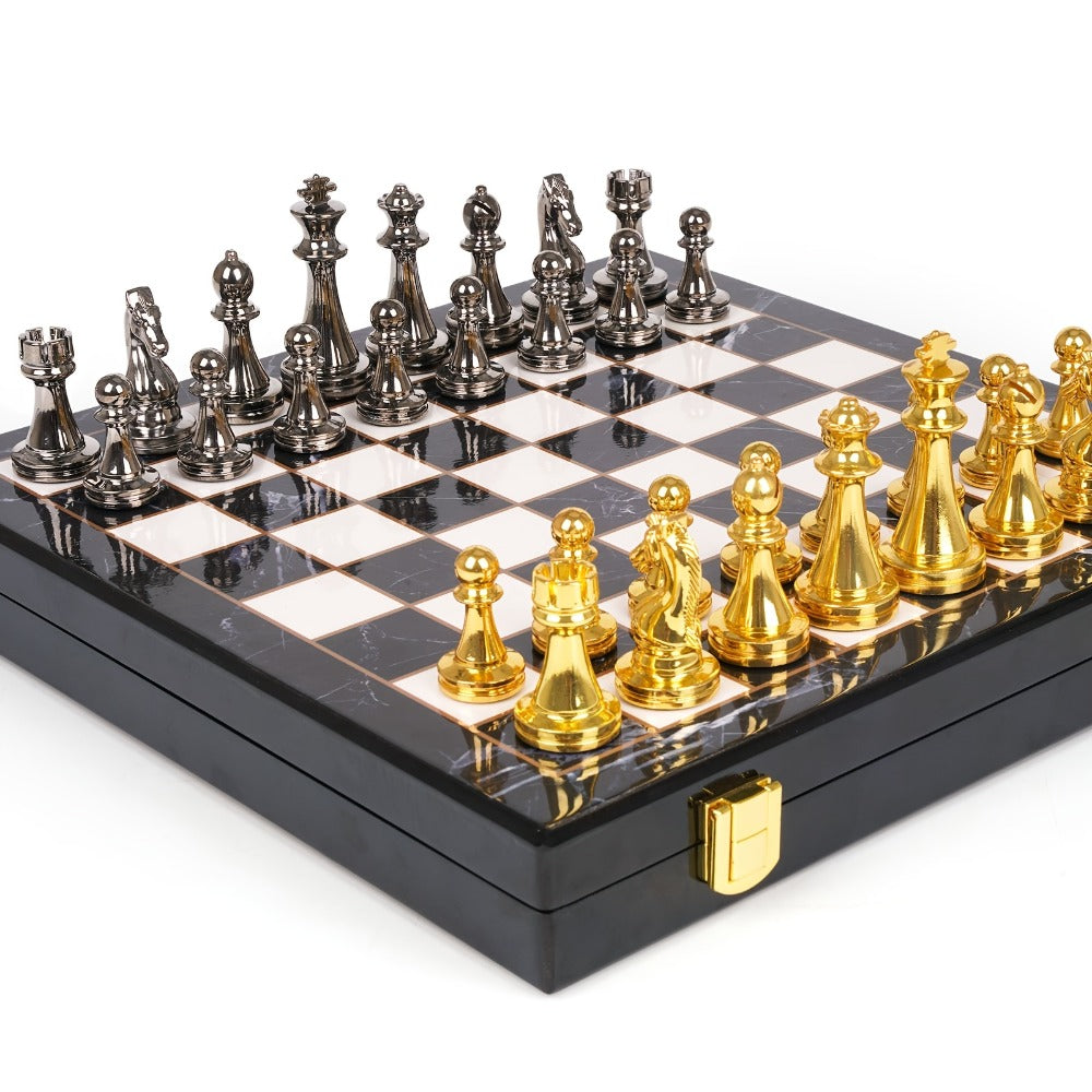 Luxury Metal Chess Set with Marble Board – Zinc Alloy Gunmetal & Gold Pieces Extra Queens 11.5" Elegant Chessboard Gift for Adults Beginners