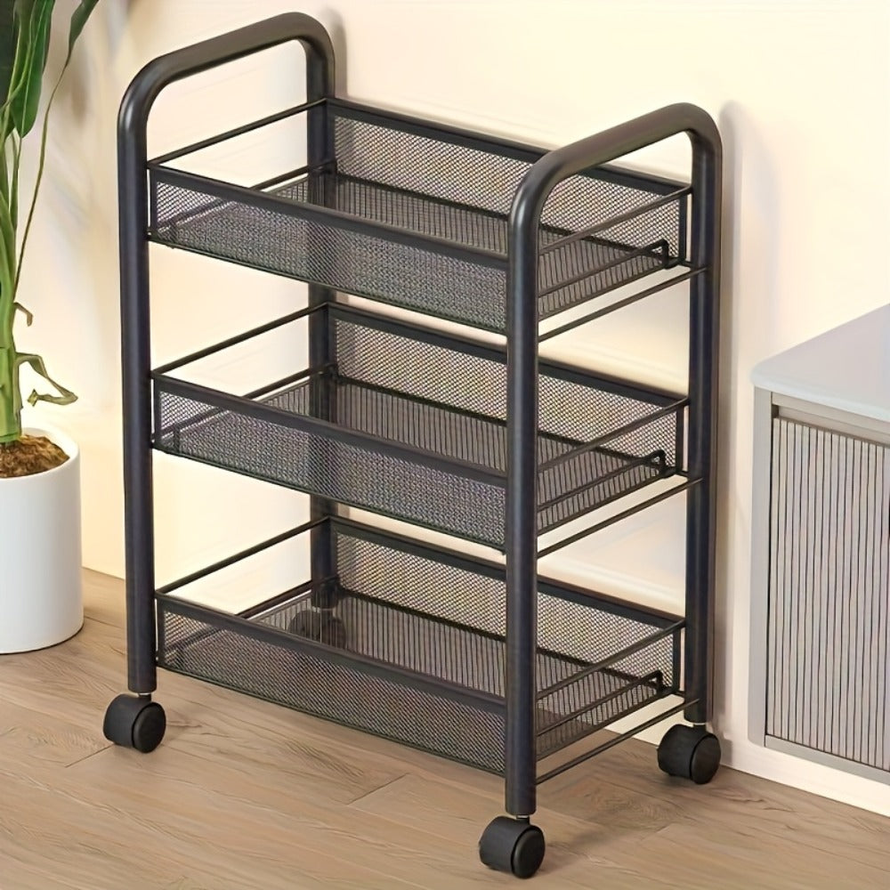 Rolling Storage Cart on Wheels – 3/4/5 Tier Carbon Steel Wire Basket Trolley, Black Metal Utility Cart for Kitchen, Bathroom, Bedroom