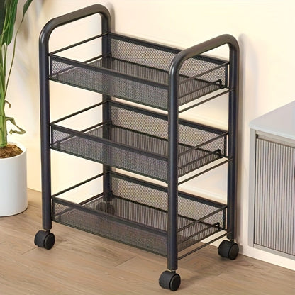 Rolling Storage Cart on Wheels – 3/4/5 Tier Carbon Steel Wire Basket Trolley, Black Metal Utility Cart for Kitchen, Bathroom, Bedroom