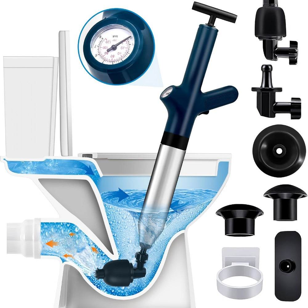 Toilet Plunger Set High Pressure Air Drain Unclogger - Stainless Steel Toilet Snake & Air Discharge Impactor for Clogged Toilet