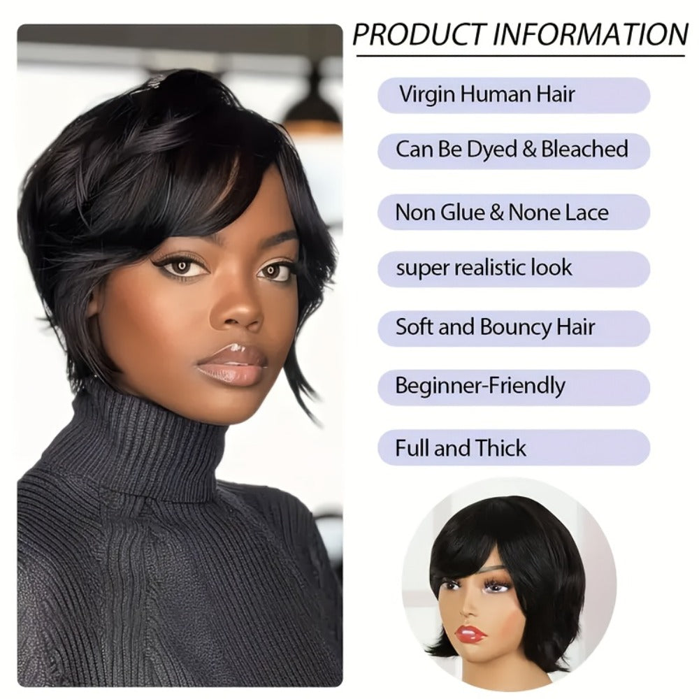 Pixie Cut Wig Human Hair with Bangs Glueless Short Brazilian Layered Machine Made Throw-On-and-Go Hairpiece Natural Black 1B Medium Brown #4