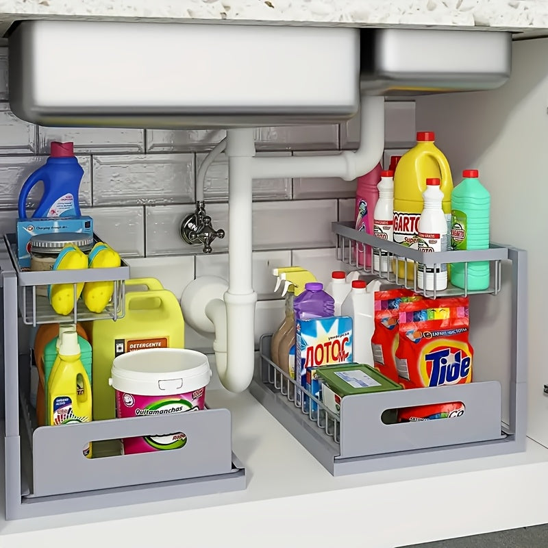 Under Sink Organizer Pull Out, 2-Tier Slide Out Cabinet Organizer with Adjustable Shelves, Under Sink Storage Rack for Kitchen Bathroom