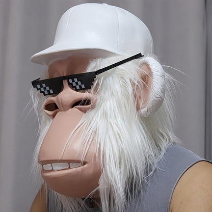White-Haired Cartoon Ape Full-Head Costume Mask with White Cap and Pixel-Style Glasses in Two Face Styles