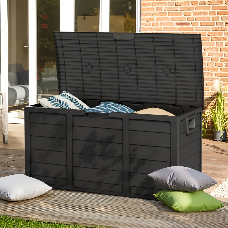 75-Gallon Low-Profile Outdoor Storage Box in Black with Hinged Lid, Side Handles and 41.4 x 18 x 21.3-Inch Size