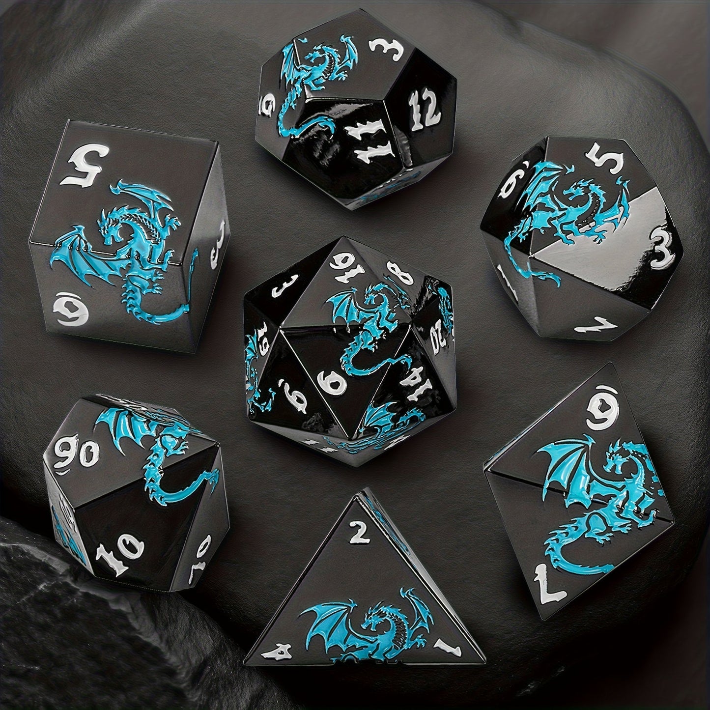 Dragon Metal Dice Set 7pcs Hand-Polished, Retro Carved Dragon Pattern Polyhedral DnD TTRPG RPG Dice with Dragon Storage Bag