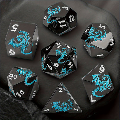 Dragon Metal Dice Set 7pcs Hand-Polished, Retro Carved Dragon Pattern Polyhedral DnD TTRPG RPG Dice with Dragon Storage Bag