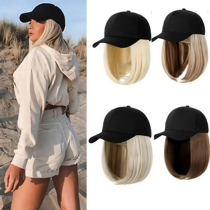 Baseball Cap Wig Women 2-in-1 Short Bob 12 Inch Glueless Synthetic Straight Breathable Adjustable Heat Resistant Natural Look Easy Wear 4