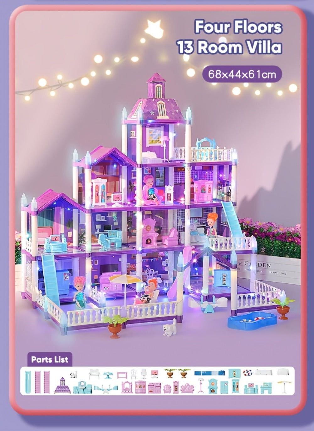 LED Dollhouse Playset for Girls, Purple Multi-Room Playhouse with Doll Figures, Puppies, Furniture & LED Lighting