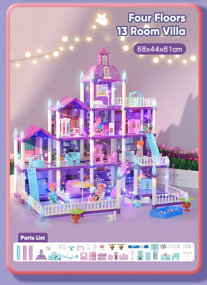 LED Dollhouse Playset for Girls, Purple Multi-Room Playhouse with Doll Figures, Puppies, Furniture & LED Lighting