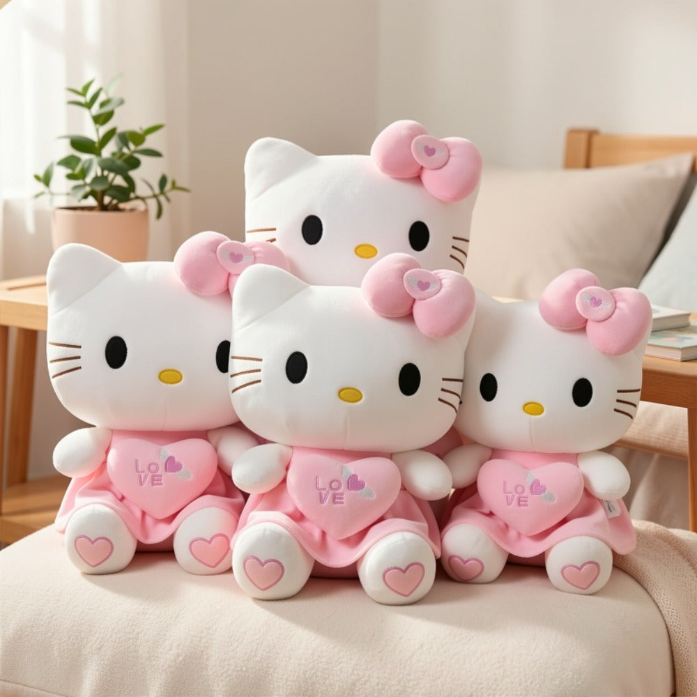 Hello Kitty Stuffed Animal Plush Doll Officially Licensed Sanrio, Pink White KT Cat Cuddly Plush with Hugging Heart