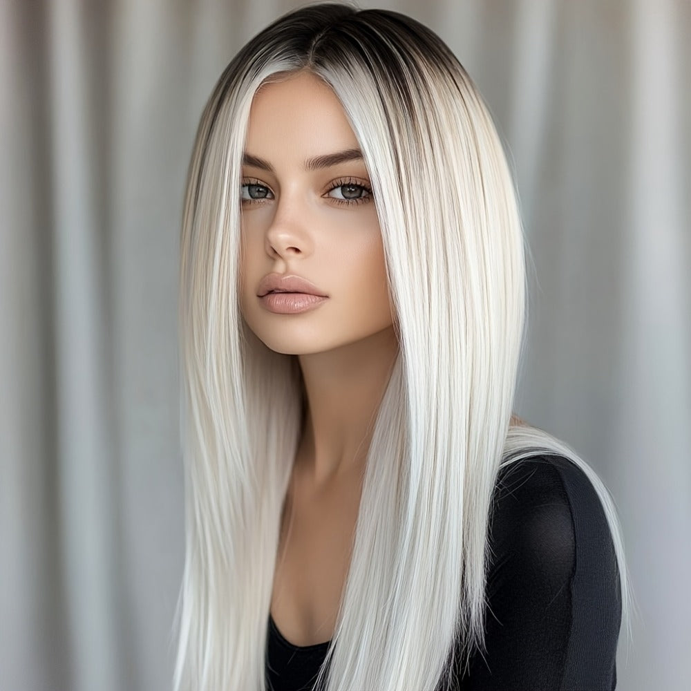 Synthetic Wig 26-Inch Milky White Ombre Straight Style with A-Line Bangs and Glue-Free Cap