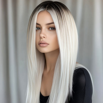 Synthetic Wig 26-Inch Milky White Ombre Straight Style with A-Line Bangs and Glue-Free Cap