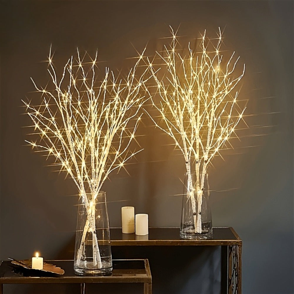Birch Branch Lights Set of 2, Artificial Luminous Birch Tree Branches with Green Leaves & LED Fairy Lights