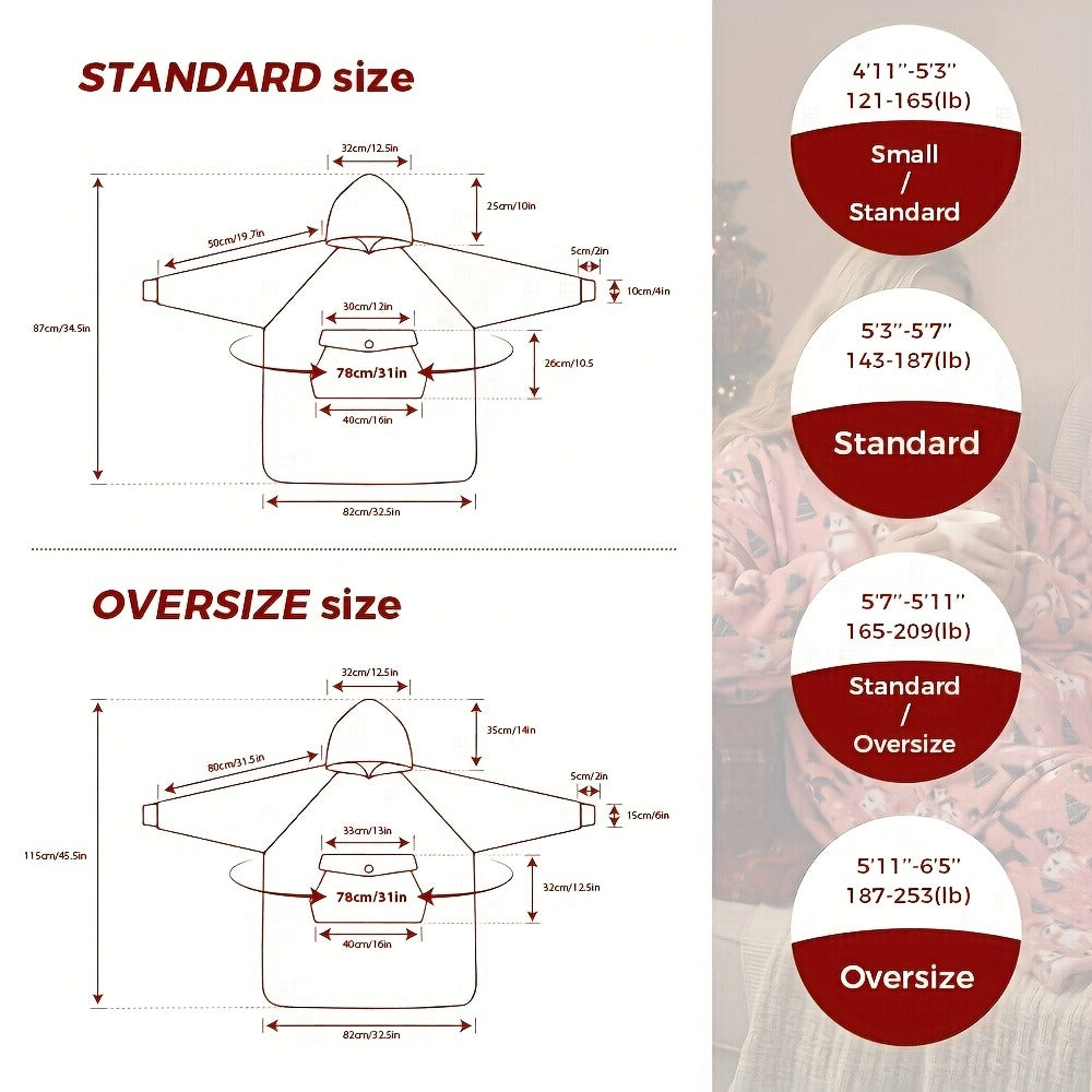 Wearable Blanket Hoodie with Hood, Sleeves, Front Pocket and Eleven Standard, Short or Oversized Styles