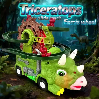 Toddler Dinosaur Track Set Orbital Triceratops Electric Stair Slide Roller Coaster Toy with Lights & Music