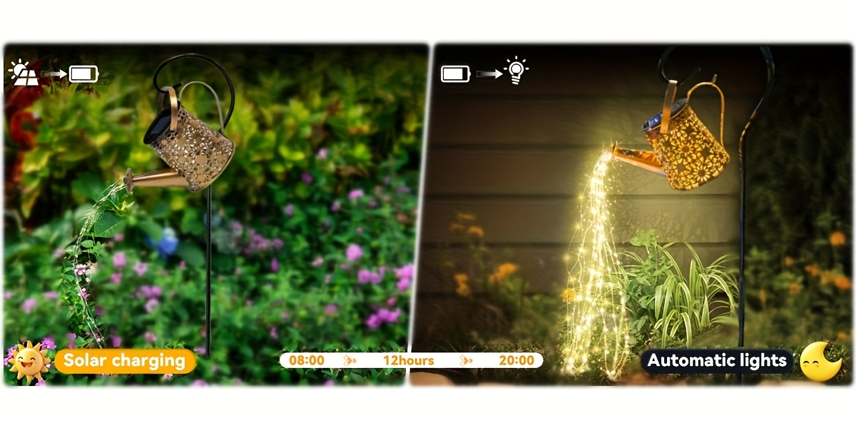 Solar Garden Light Watering Can Stake with Warm White Cascading LEDs, IP44 Rating and Hanging Bracket