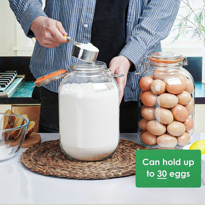 Glass Jar Food Storage Organizer Four-Pack with 1-Gallon Wide Mouth Jars and Hinged Gasket Lids