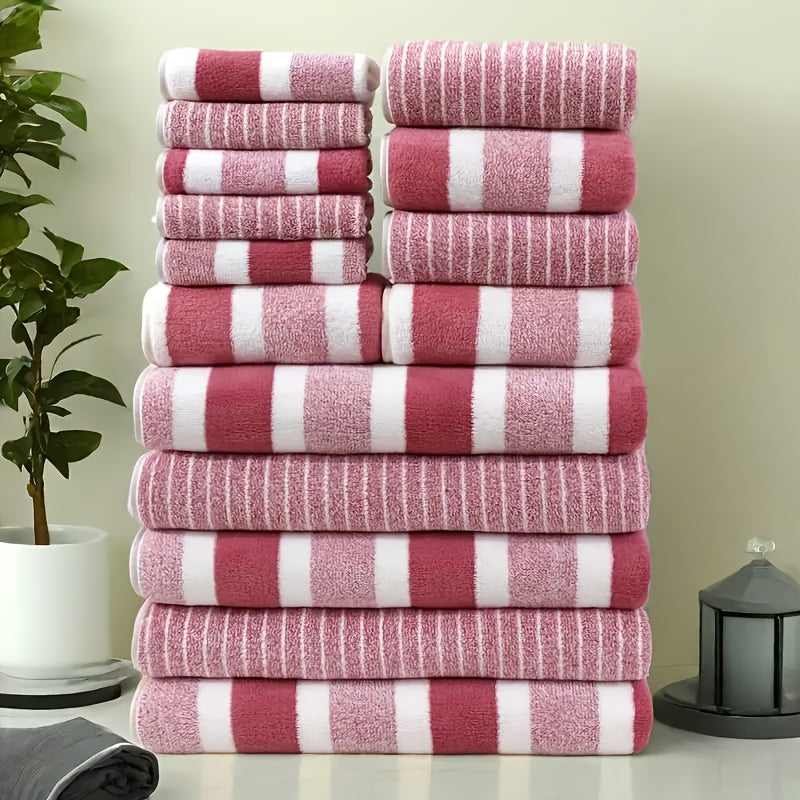 Towel Set 9 or 15 Piece 320GSM Coral Fleece Striped Mix in Five Solid or Mixed Colors for Home and Guest Use