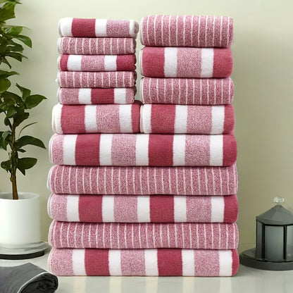 Towel Set 9 or 15 Piece 320GSM Coral Fleece Striped Mix in Five Solid or Mixed Colors for Home and Guest Use