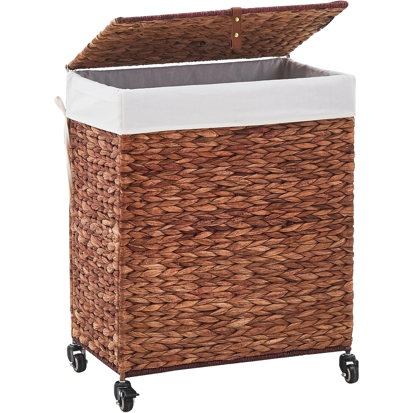 Laundry Basket with Lid & Handles – Handwoven Water Hyacinth Wicker Hamper, Removable Cotton Liner