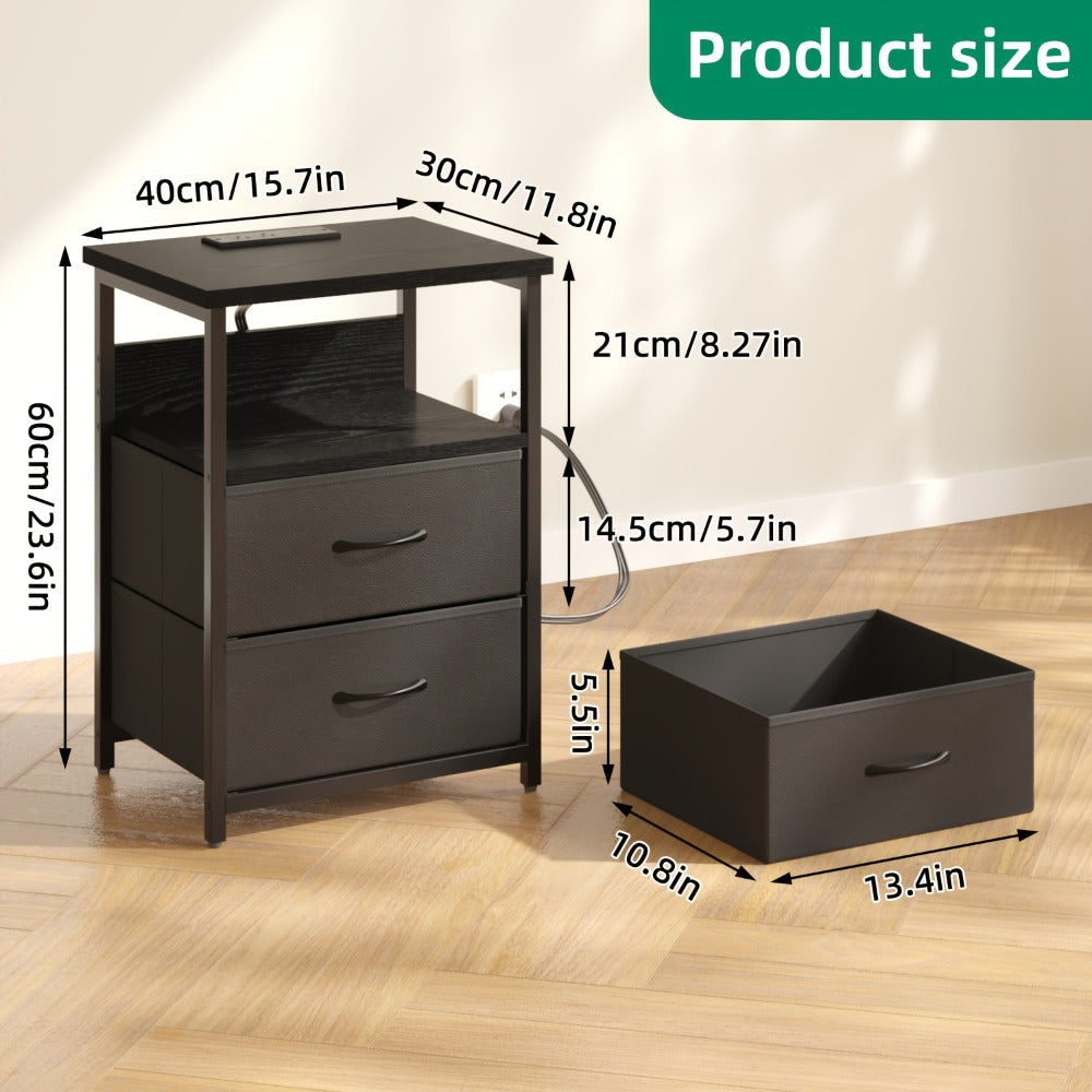 Nightstand Two Fabric Drawers with Charging Station, LED Accent Light and PU or Clear Desktop Options