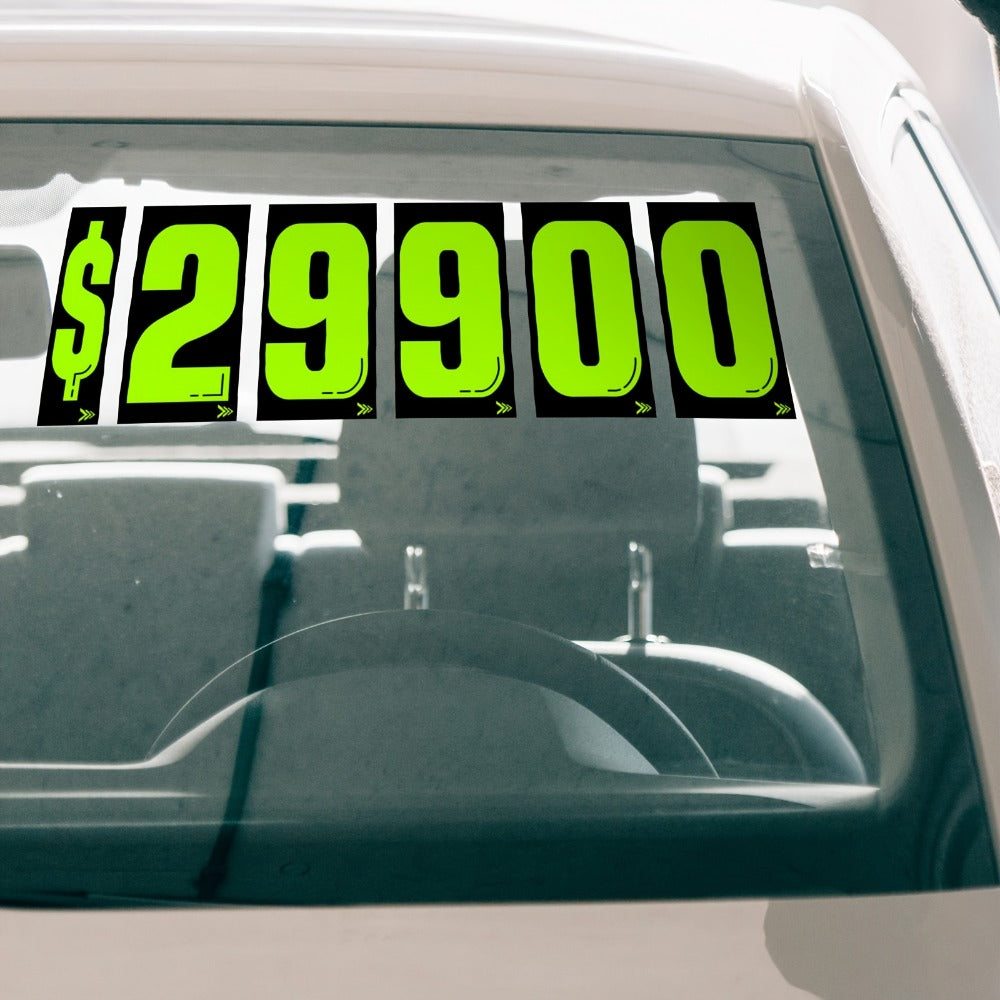 Windshield Pricing Number Decals 33pcs 7.5" Chartreuse Vinyl – Car Dealership Lot Pricing Stickers 0-9 for Auto Vehicle Window