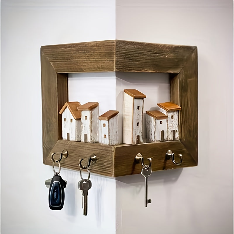Wall Mounted Key Rack with Hooks – Rustic Wooden Key Holder with 6 House Hooks, Entryway Storage Organizer for Home Bedroom Wall Decor