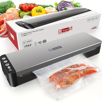 Vacuum Sealer Machine 80kPa Powerful Suction Food Sealer 125W Dry Wet Modes Stainless Steel for Home Cooking, Dining and Outdoor Meals