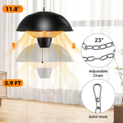 Hanging Patio Heater 1500W Electric Ceiling Mounted Heater with Halogen Tubes, 360° Coverage, Adjustable 23" Chain