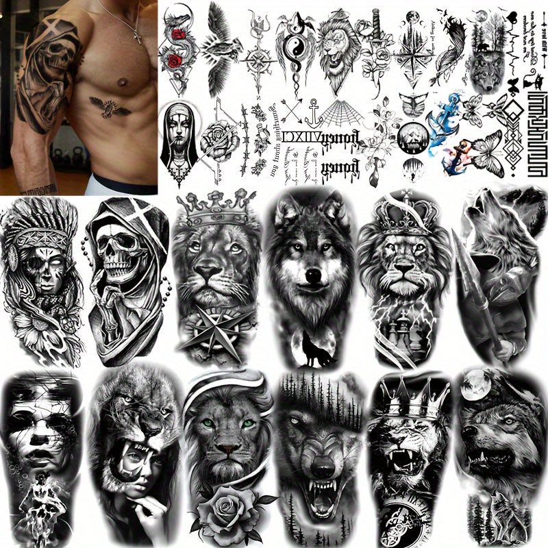 Temporary Tattoos, 32-Sheet Black Animal and Tribal Set with Wolf, Lion, Tiger, Skull and Rose Designs