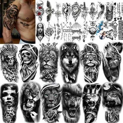Temporary Tattoos, 32-Sheet Black Animal and Tribal Set with Wolf, Lion, Tiger, Skull and Rose Designs