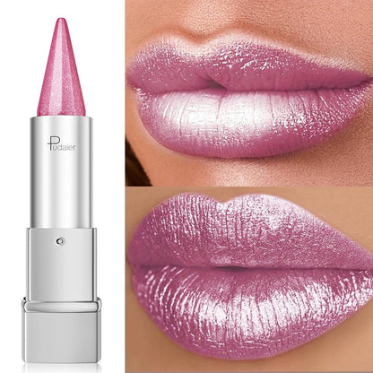 24H Waterproof Metallic Lipstick 5 Shades Pearlescent Sparkle Pearl Finish, for Makeup, Travel and Everyday Vanity Use