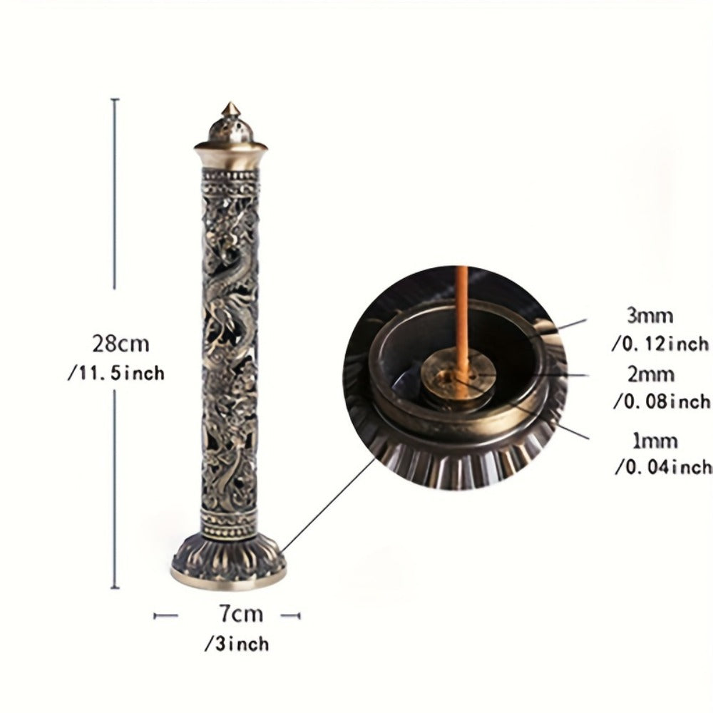 Incense Stick Holder Metal Retro Vertical Design, Dragon & Phoenix Heart Sutra Motif Brass Incense Burner Stand