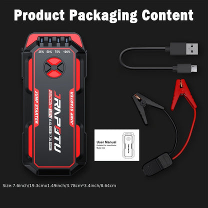 2500A Peak Car Jump Starter Portable – 12V Battery Booster Pack with USB-A & USB-C Ports, LED Flashlight, 10000mAh Power Bank