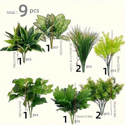 Nine-Piece Artificial Greenery Stem Set with Mixed Leaf Shapes for Indoor or Outdoor Planters and Decor