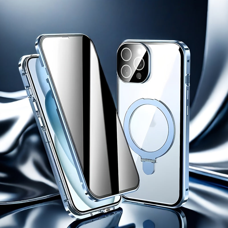 Phone Case Privacy-Panel Double-Sided Tempered Glass Cover with Snap Lock and Kickstand for iPhone 15 Models