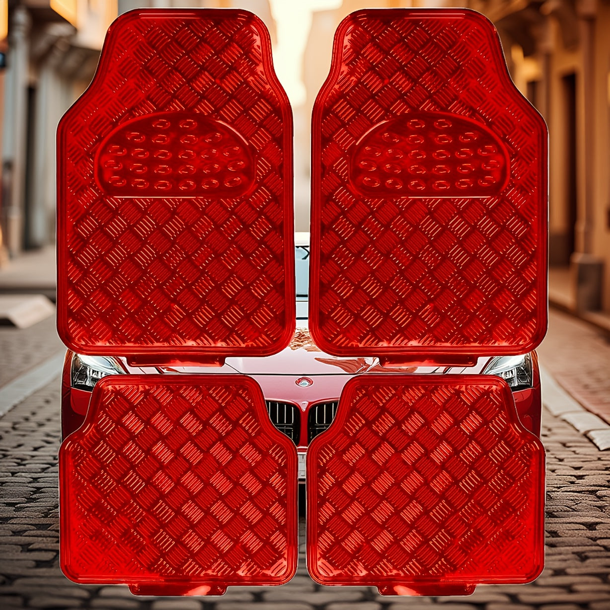 Molded Car Floor Mats, Four-Piece Front and Rear Set in Seven Solid and Carbon-Look Color Options