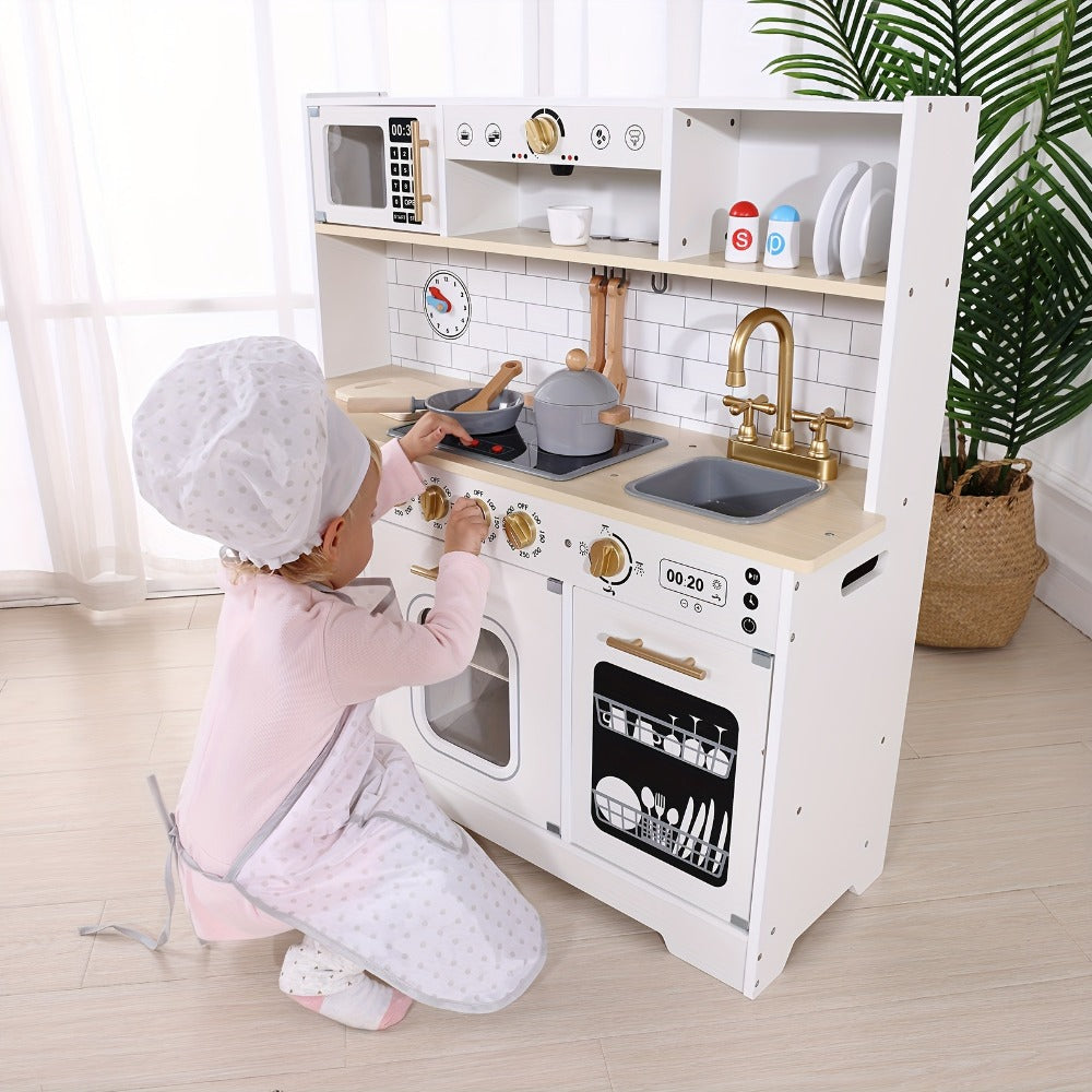 Kids Play Kitchen Set with Sink Oven Stove Dishwasher Coffee Maker Ice Maker Microwave for Home Cooking, Dining and Outdoor Meals