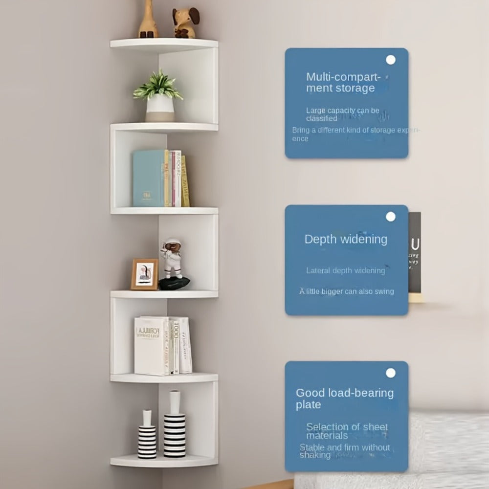 5-Tier Wall-Mounted Corner Shelf – Space-Saving Floating Storage Organizer in White Acrylic for Bathroom, Living Room, Bedroom