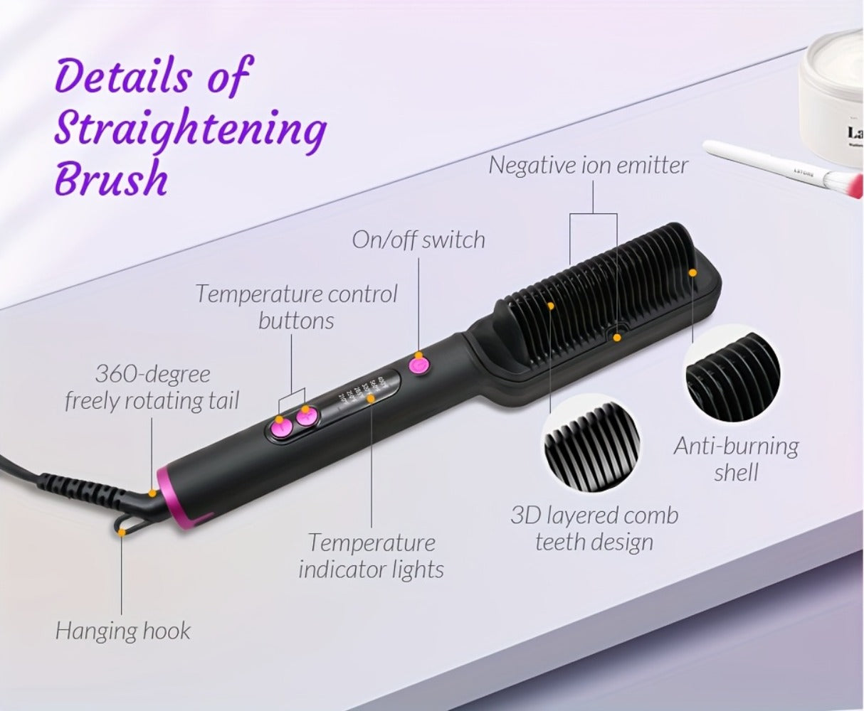 OD-6801 Black or OD-6806 Rose-Gold Heated Straightening Brush with Display, Glove and Three-Button Controls