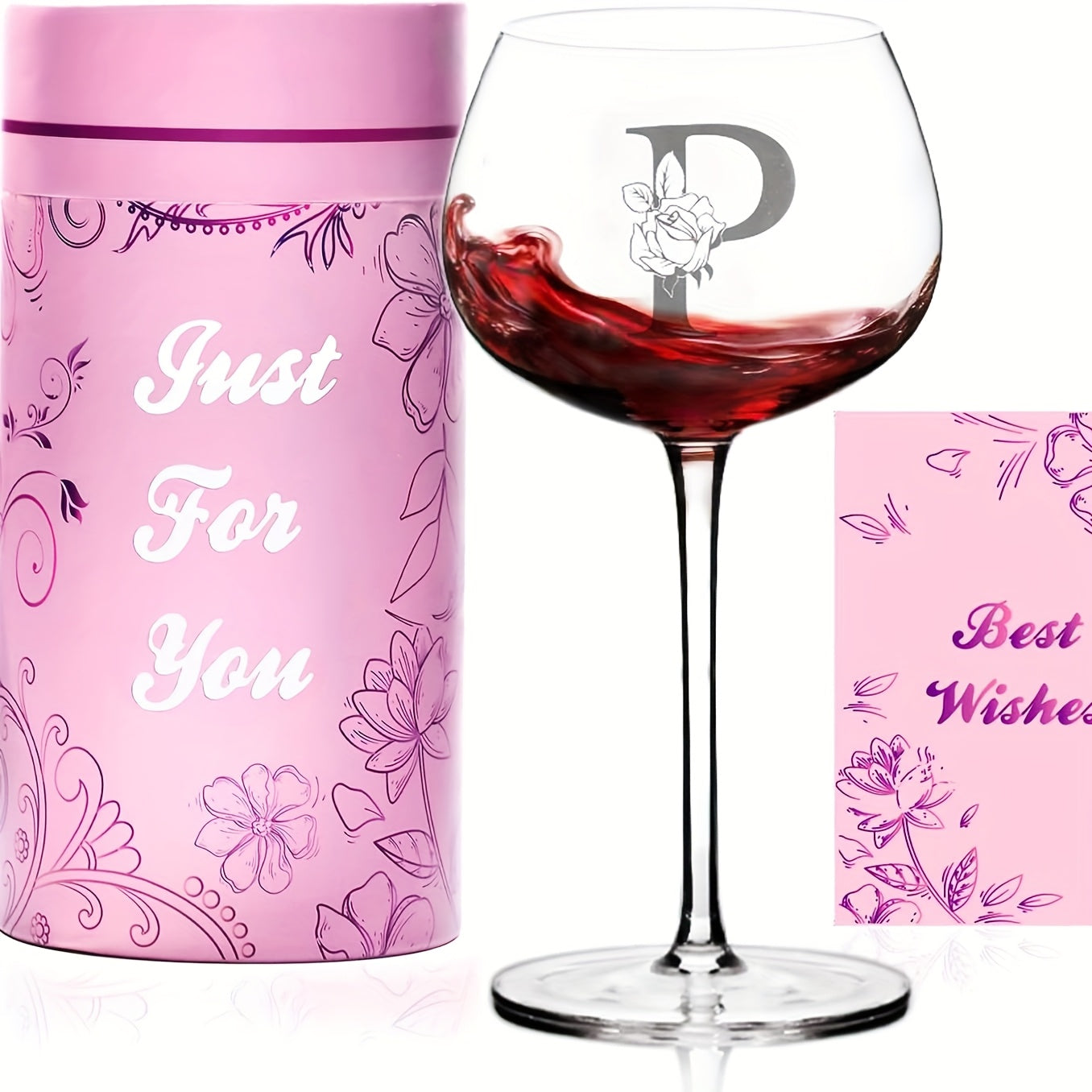 Personalized Wine Glass Gift for Women – A-Z Initial Letter Monogrammed Wine Glass with Gift Box & Greeting Card – Unique Birthday