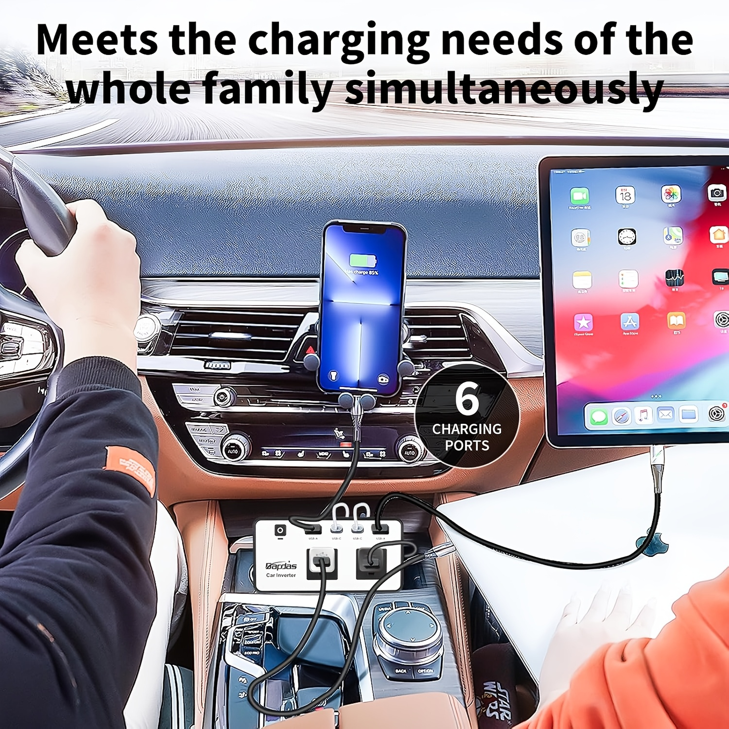 Car Inverter 200W DC 12V to AC 110V with Dual AC Outlets 24W USB-C Fast Charging 4 USB Ports Portable for Garden, Patio and Yard Use