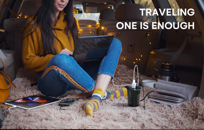 Black 150W Vertical Car Power Inverter with Two 110V AC Outlets, USB-A and USB-C Ports for Vehicles